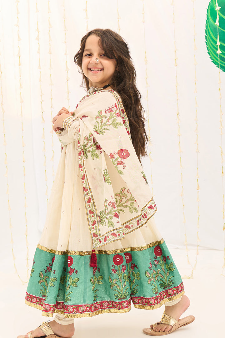 Jameela Off White v Neck Anarkali with Chooridar and Dupatta (set of 3)