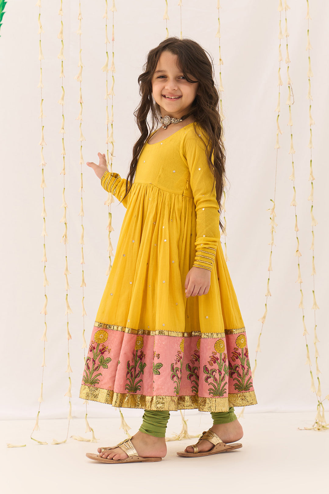 Jameela Yellow Block Printed Anarkali with Chooridar and Leheriya Dupatta (set of 3)