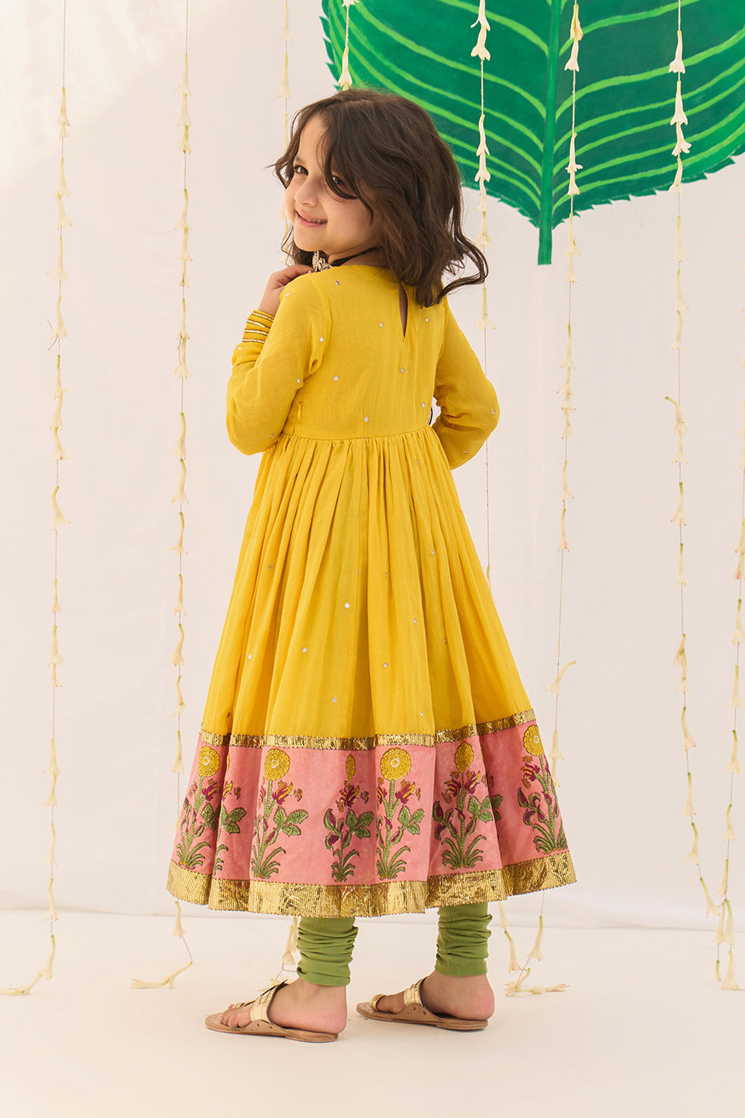 Jameela Yellow Block Printed Anarkali with Chooridar and Leheriya Dupatta (set of 3)