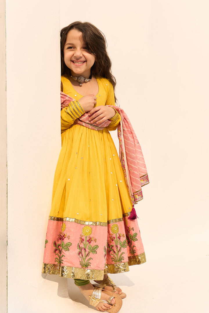 Jameela Yellow Block Printed Anarkali with Chooridar and Leheriya Dupatta (set of 3)