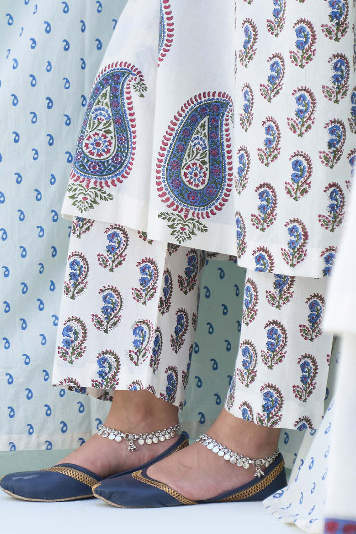 Mehraz kora hand block printed side gathers kurta with palazzo and dupatta ( set of  3)