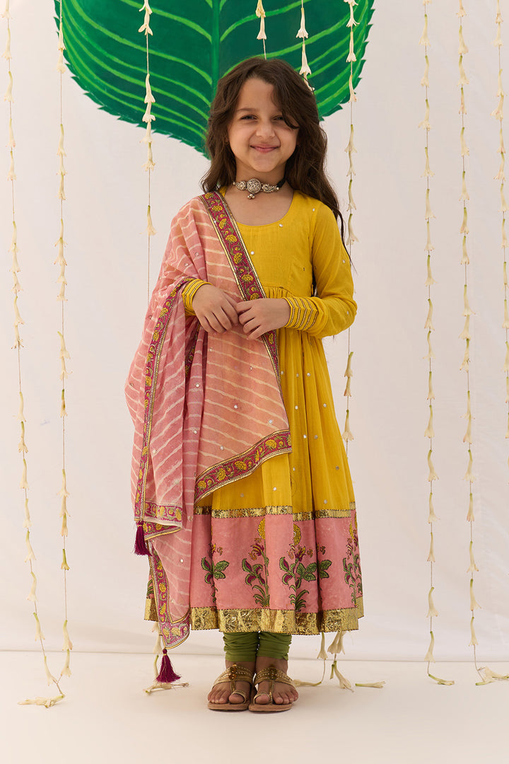 Jameela Yellow Block Printed Anarkali with Chooridar and Leheriya Dupatta (set of 3)