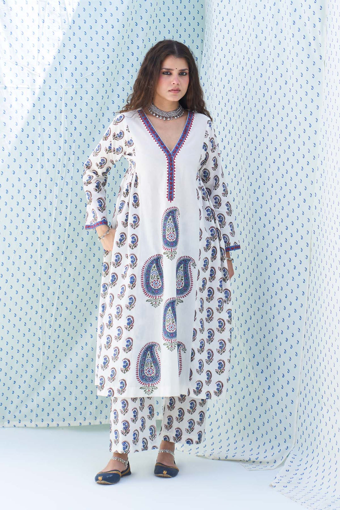 Mehraz kora hand block printed side gathers kurta with palazzo and dupatta ( set of  3)