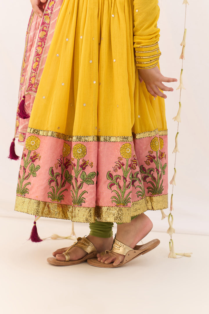 Jameela Yellow Block Printed Anarkali with Chooridar and Leheriya Dupatta (set of 3)