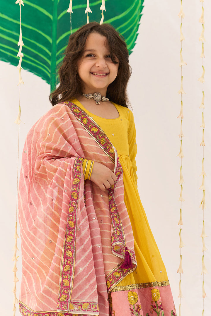 Jameela Yellow Block Printed Anarkali with Chooridar and Leheriya Dupatta (set of 3)
