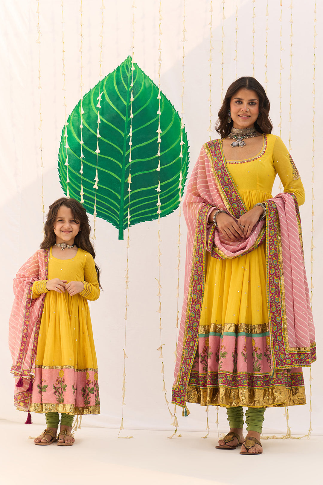 Jameela Yellow Block Printed Anarkali with Chooridar and Leheriya Dupatta (set of 3)
