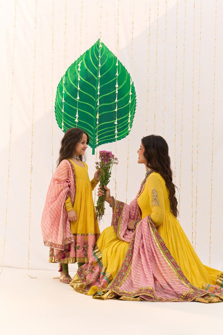 Jameela Yellow Block Printed Anarkali with Chooridar and Leheriya Dupatta (set of 3)