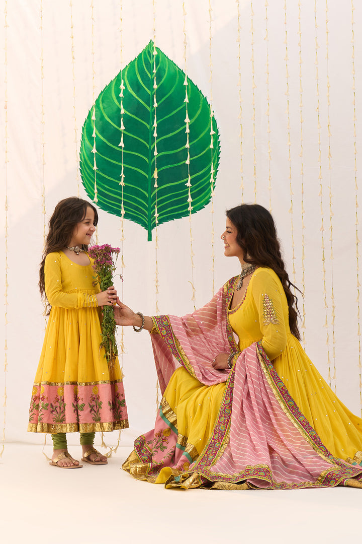 Jameela Mughal Block Printed Yellow Anarkali with Chooridar and Leheriya Dupatta (set of 3)