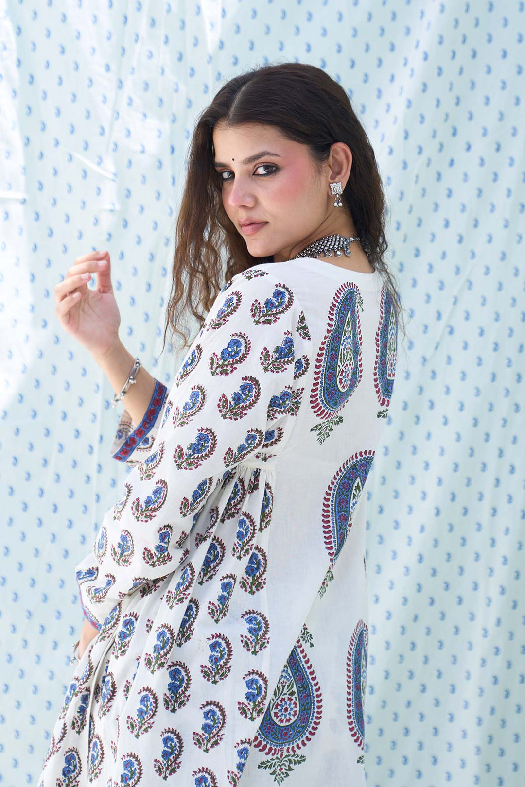 Mehraz kora hand block printed side gathers kurta with palazzo and dupatta ( set of  3)