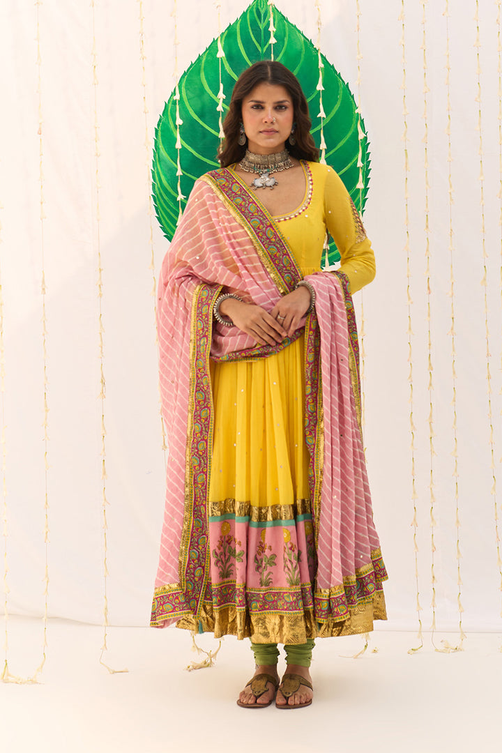 Jameela Mughal Block Printed Yellow Anarkali with Chooridar and Leheriya Dupatta (set of 3)