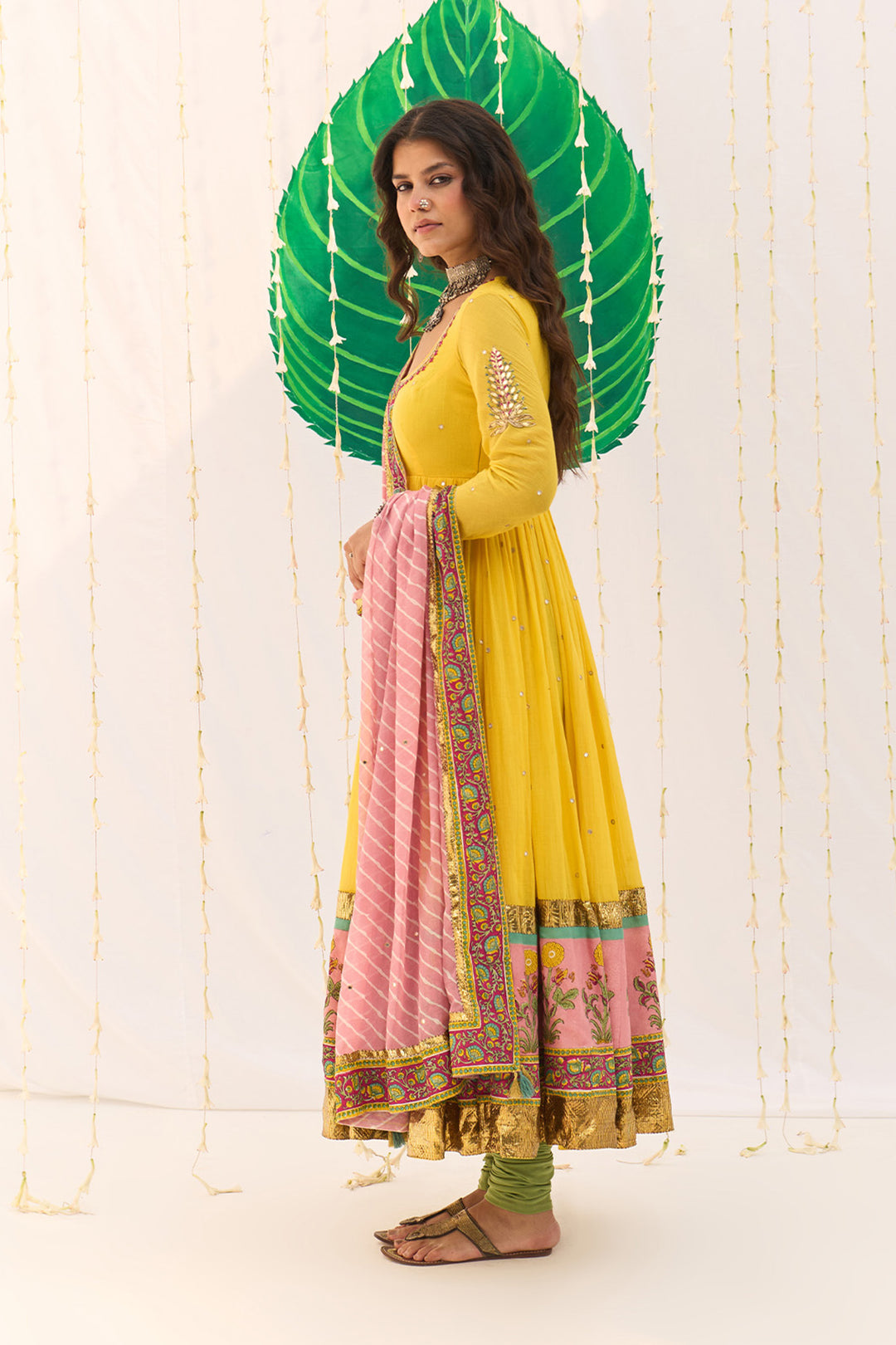 Jameela Mughal Block Printed Yellow Anarkali with Chooridar and Leheriya Dupatta (set of 3)