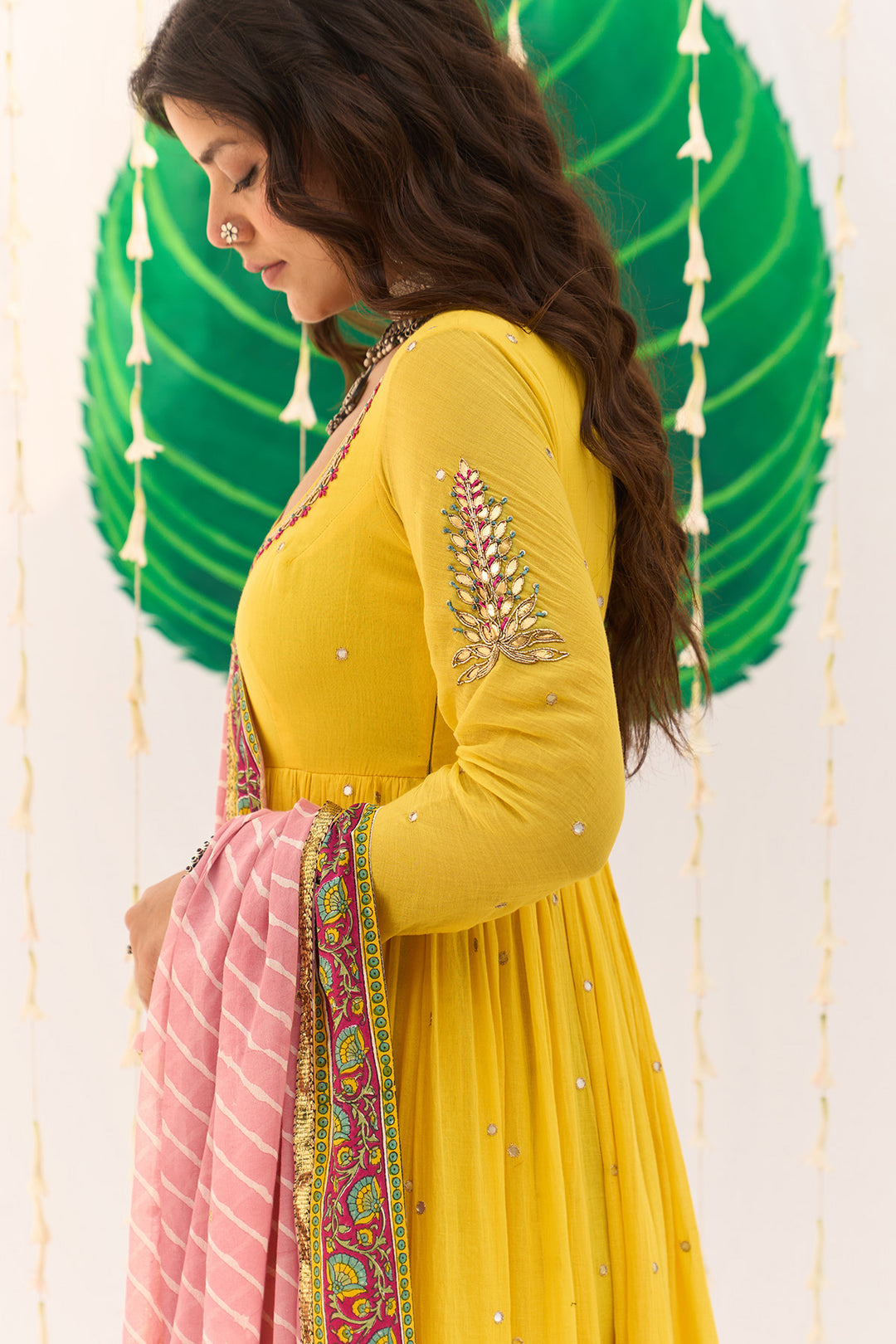 Jameela Mughal Block Printed Yellow Anarkali with Chooridar and Leheriya Dupatta (set of 3)