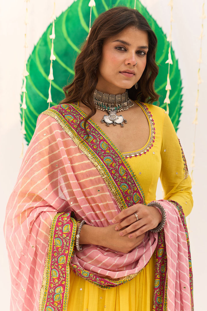 Jameela Mughal Block Printed Yellow Anarkali with Chooridar and Leheriya Dupatta (set of 3)