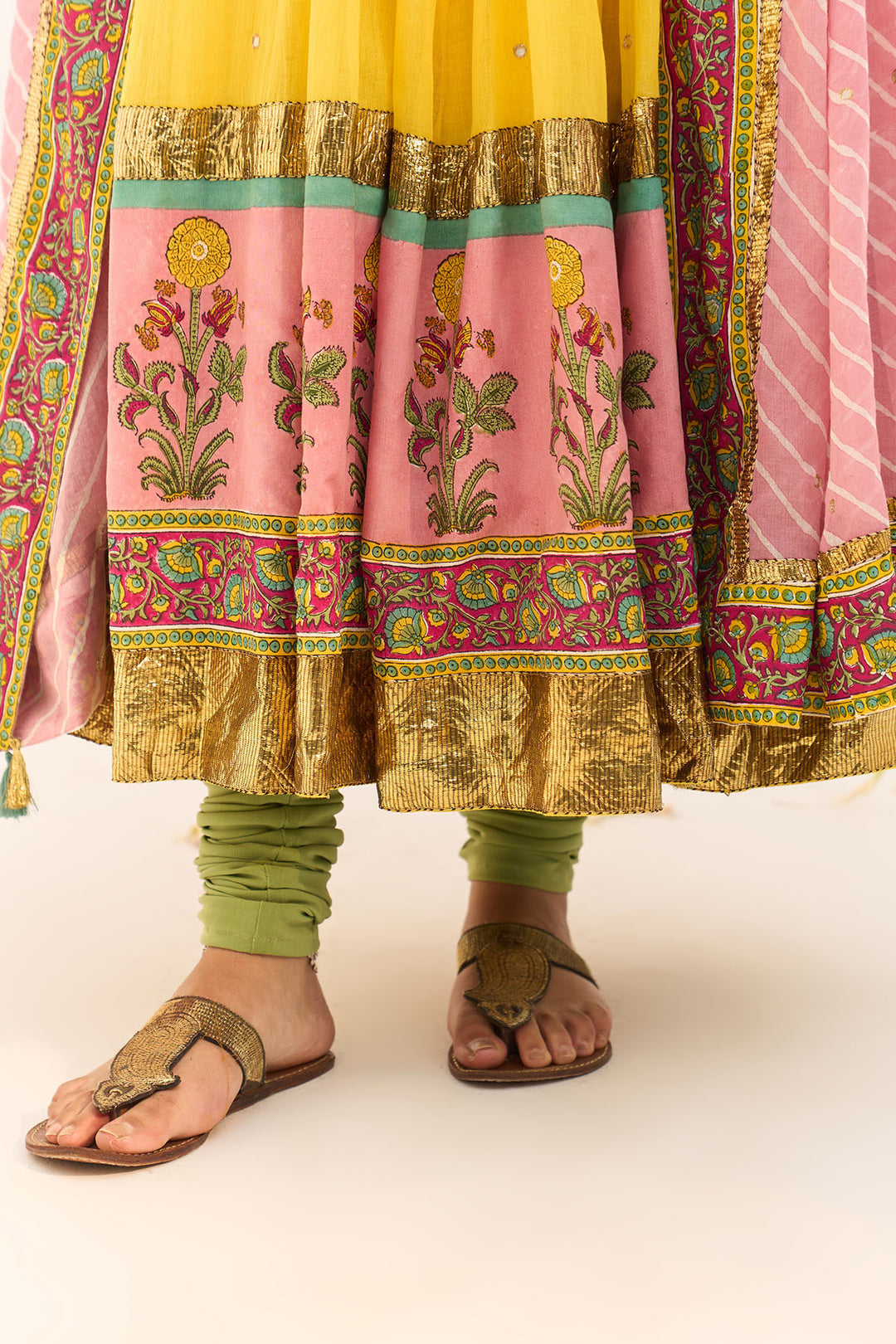 Jameela Mughal Block Printed Yellow Anarkali with Chooridar and Leheriya Dupatta (set of 3)