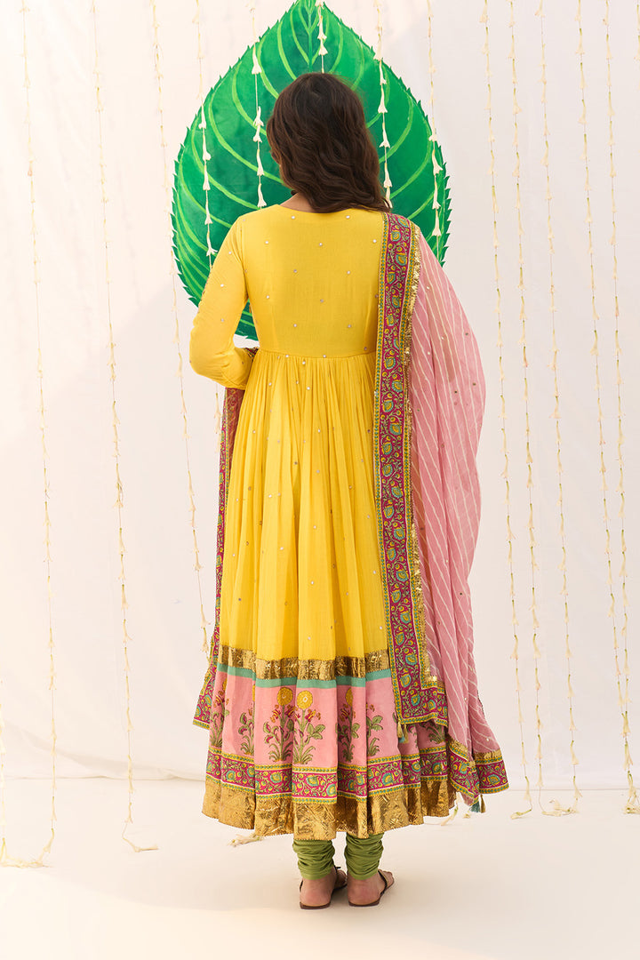 Jameela Mughal Block Printed Yellow Anarkali with Chooridar and Leheriya Dupatta (set of 3)