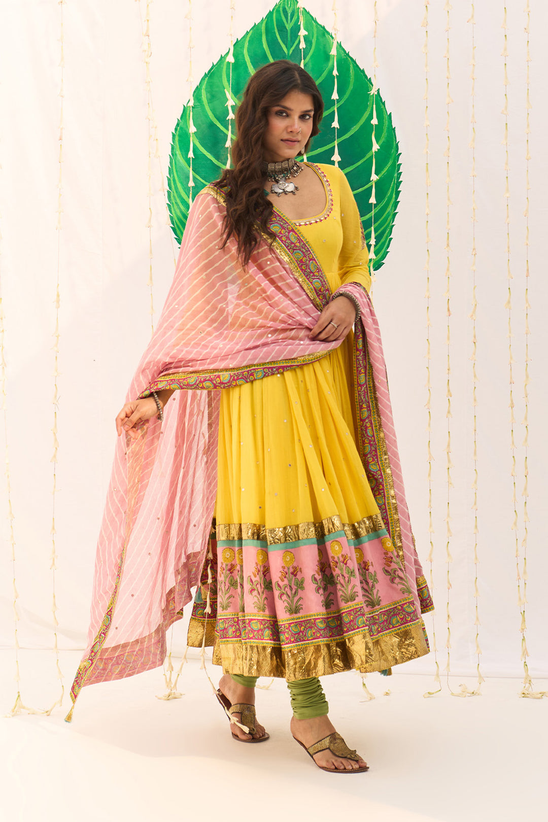 Jameela Mughal Block Printed Yellow Anarkali with Chooridar and Leheriya Dupatta (set of 3)