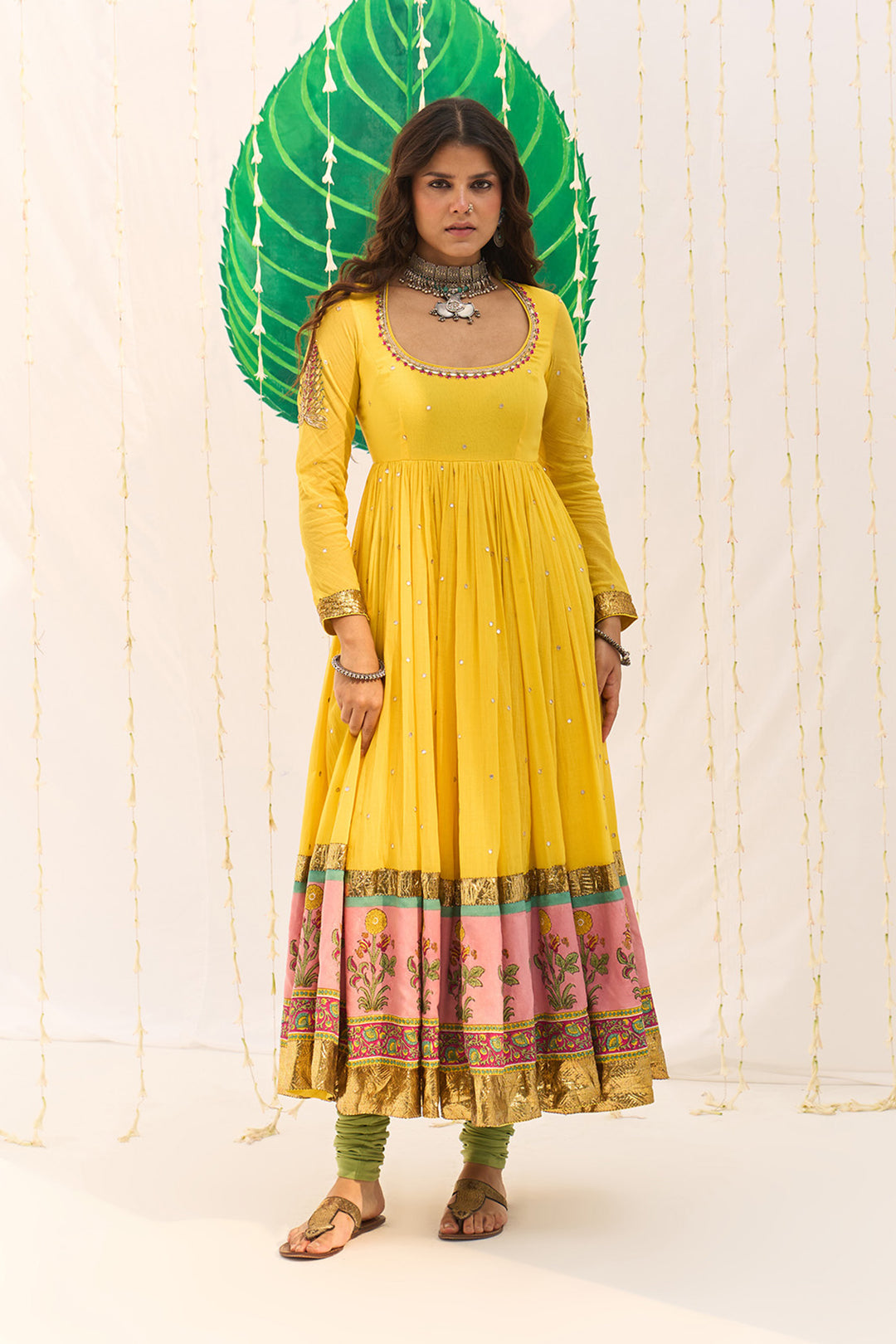 Jameela Mughal Block Printed Yellow Anarkali with Chooridar and Leheriya Dupatta (set of 3)