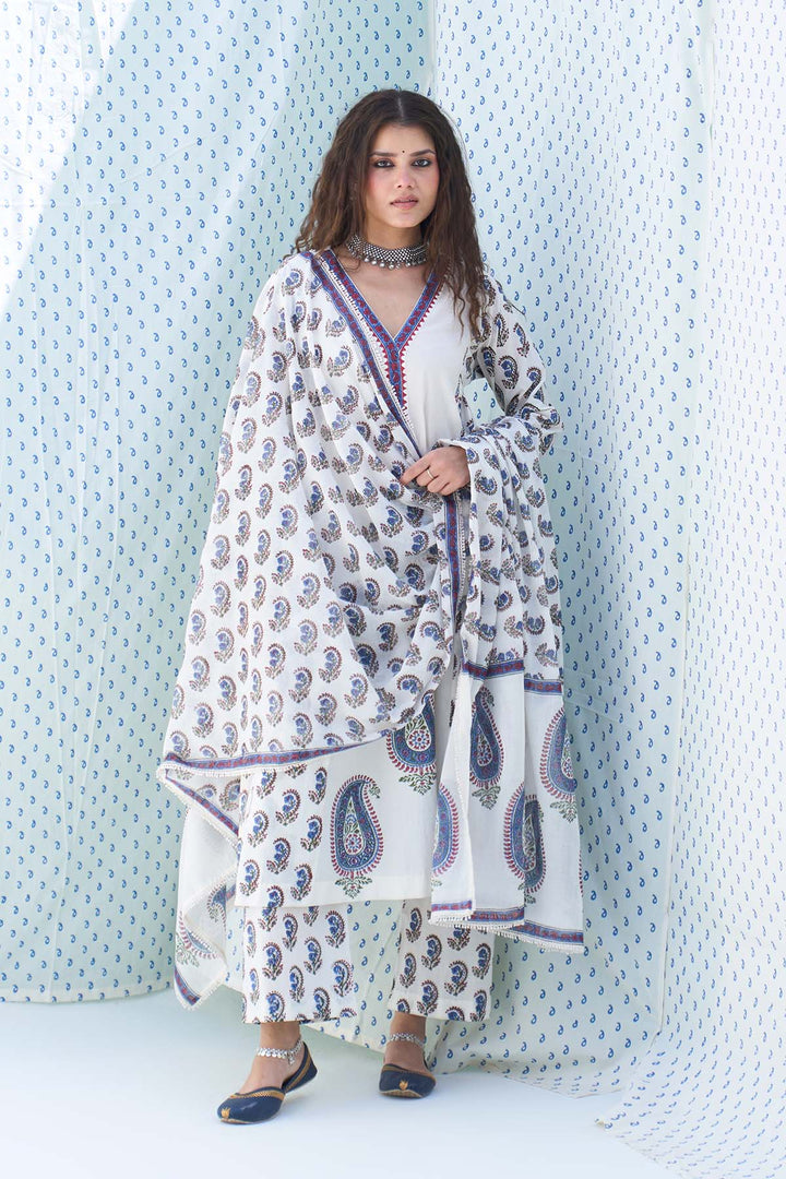Mehraz kora hand block printed side gathers kurta with palazzo and dupatta ( set of  3)