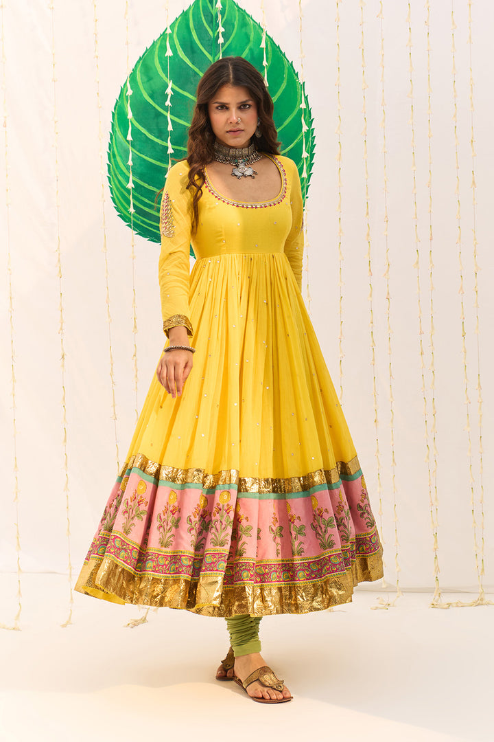 Jameela Mughal Block Printed Yellow Anarkali with Chooridar and Leheriya Dupatta (set of 3)