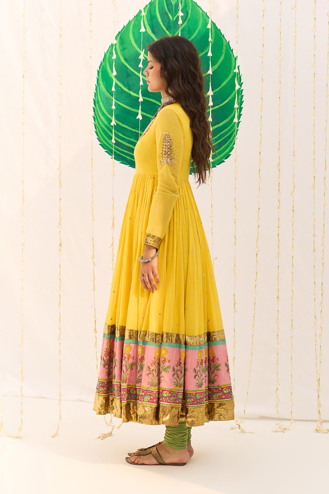 Jameela Mughal Block Printed Yellow Anarkali with Chooridar and Leheriya Dupatta (set of 3)