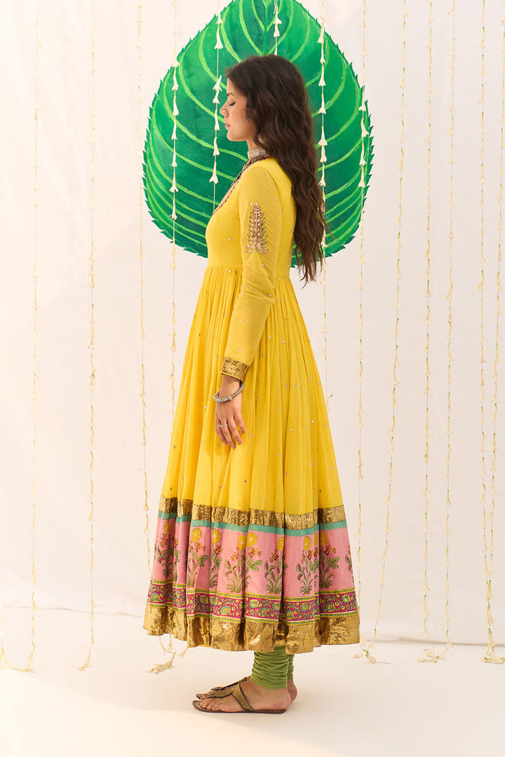 Jameela Mughal Block Printed Yellow Anarkali with Chooridar and Leheriya Dupatta (set of 3)