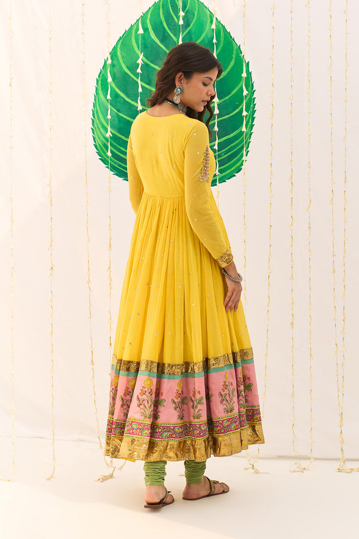 Jameela Mughal Block Printed Yellow Anarkali with Chooridar and Leheriya Dupatta (set of 3)