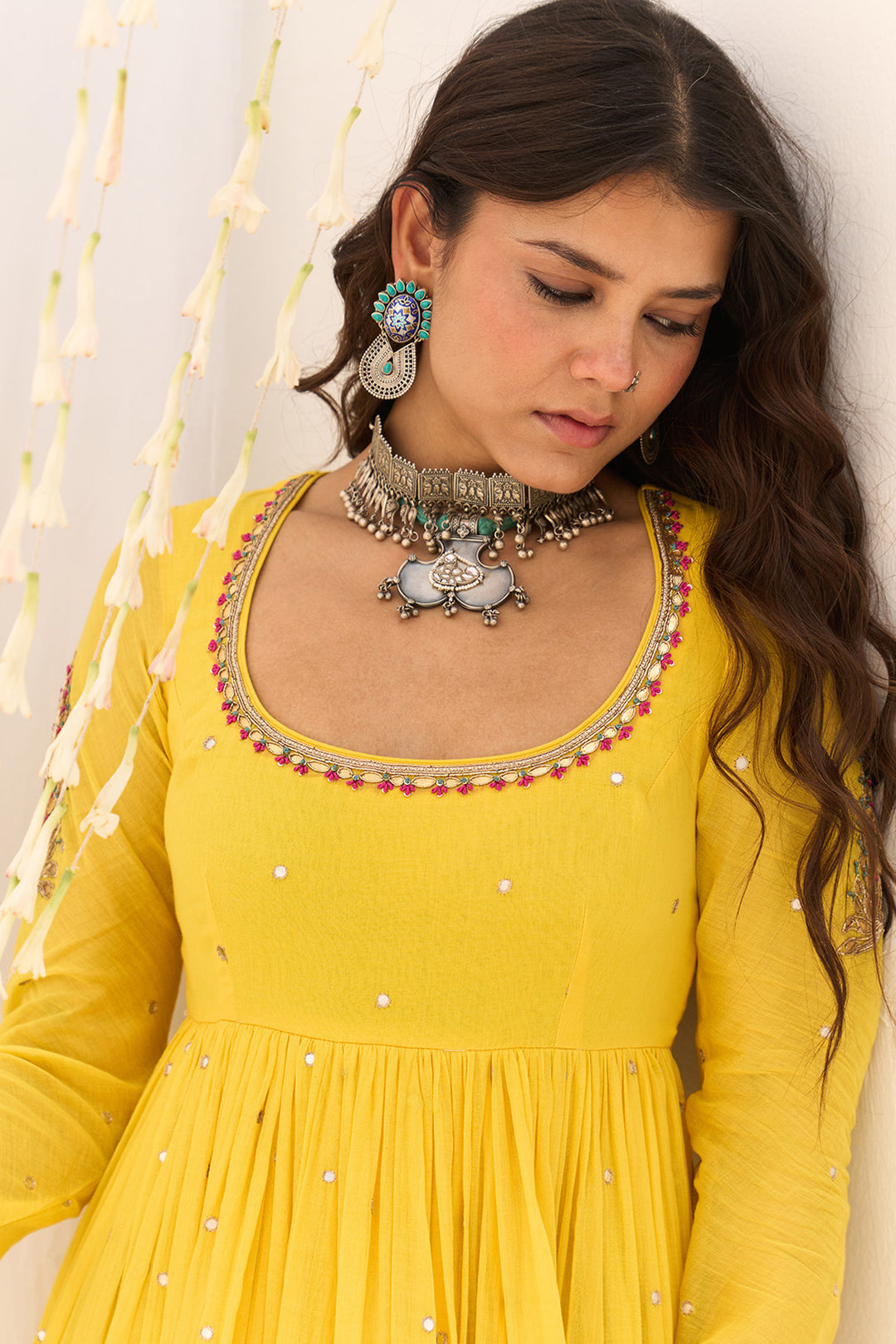 Jameela Mughal Block Printed Yellow Anarkali with Chooridar and Leheriya Dupatta (set of 3)