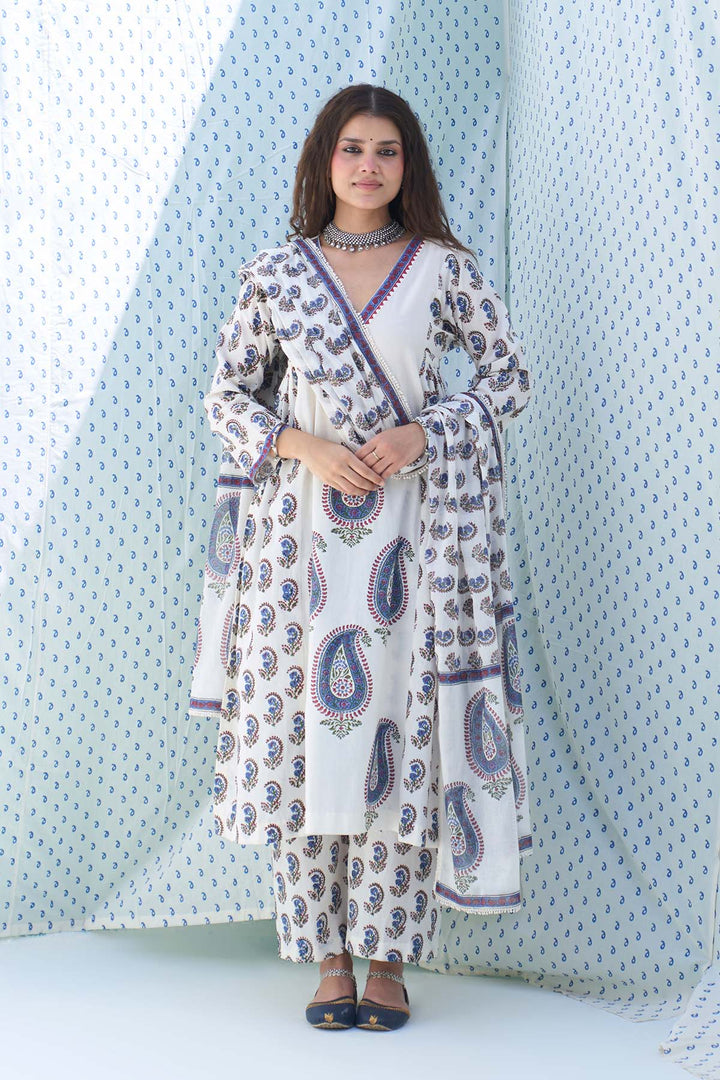 Mehraz kora hand block printed side gathers kurta with palazzo and dupatta ( set of  3)
