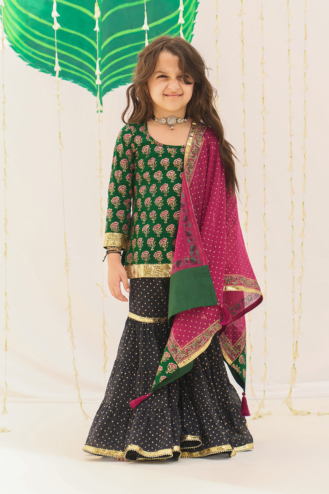 Jameela Block Printed Green Kurta Black Garara Pink Dupatta (set of 3)