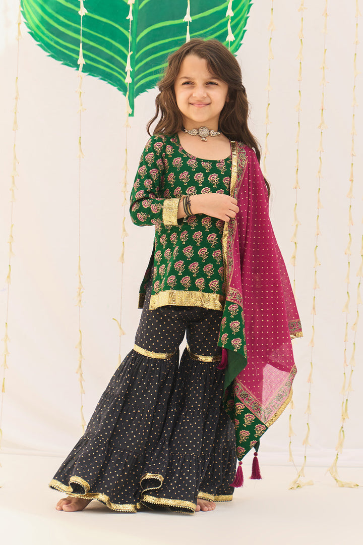 Jameela Block Printed Green Kurta Black Garara Pink Dupatta (set of 3)