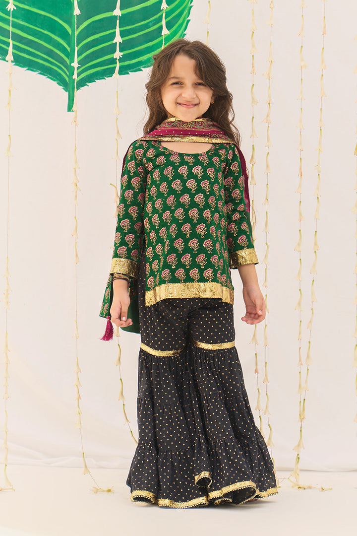 Jameela Block Printed Green Kurta Black Garara Pink Dupatta (set of 3)