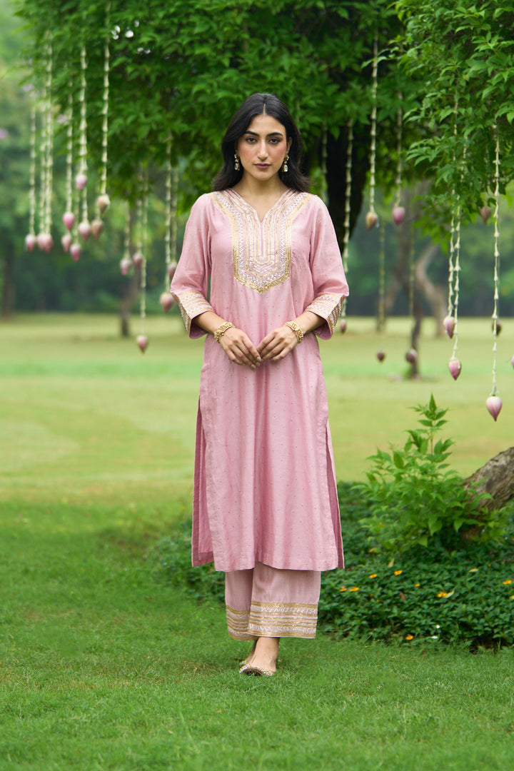 Phillauri Vol 3 soft pink staright set with rust dupatta ( set of 3)