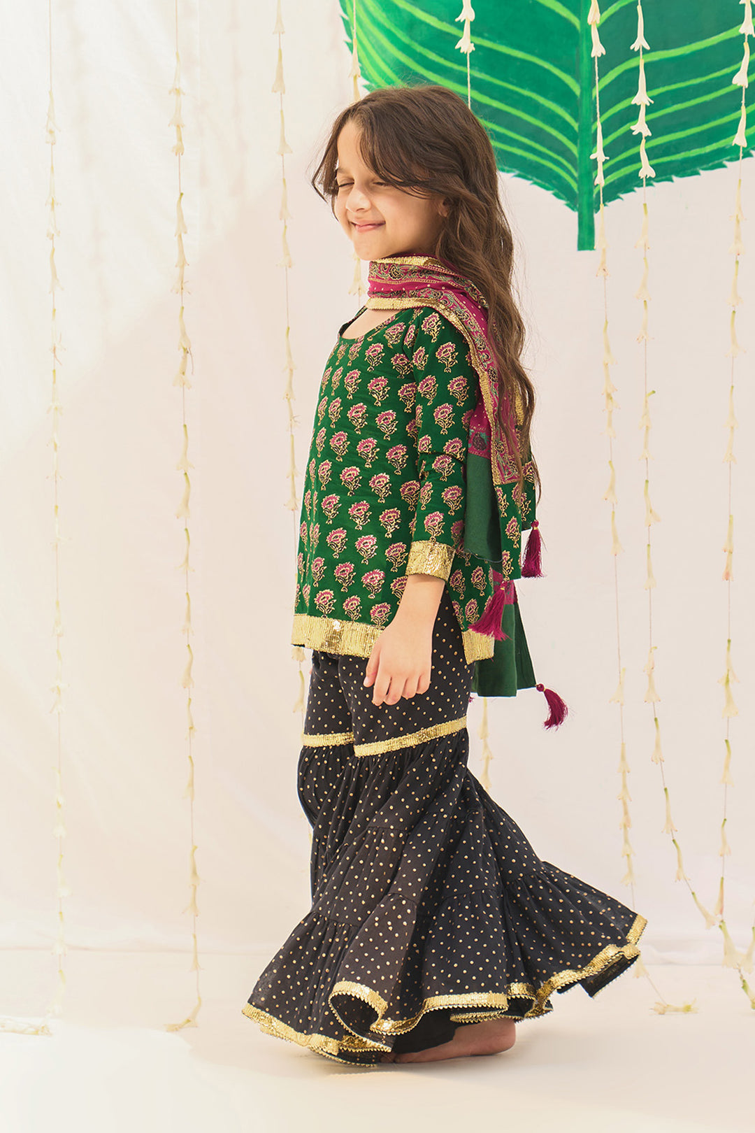 Jameela Block Printed Green Kurta Black Garara Pink Dupatta (set of 3)