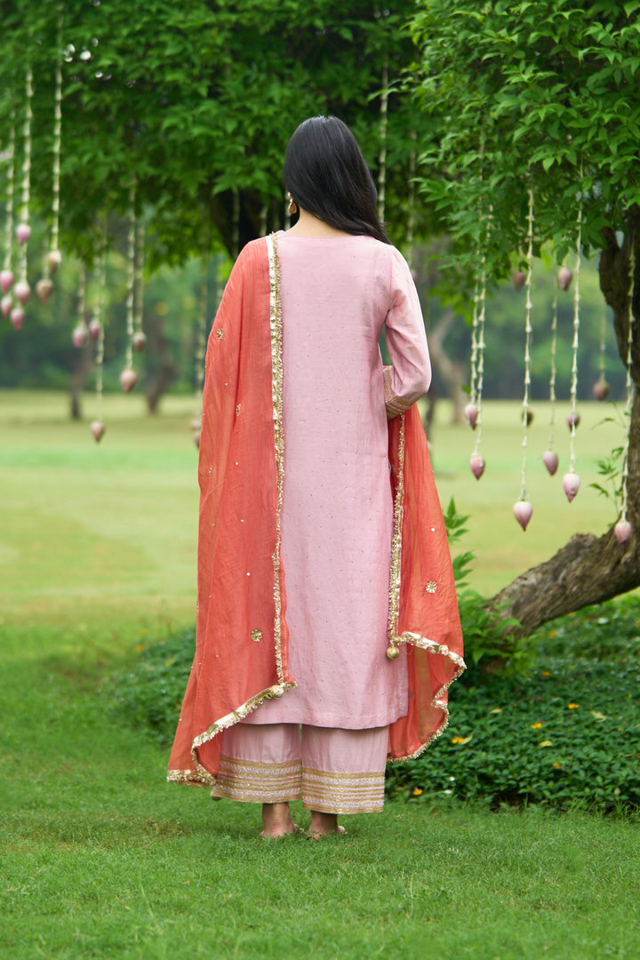 Phillauri Vol 3 soft pink staright set with rust dupatta ( set of 3)