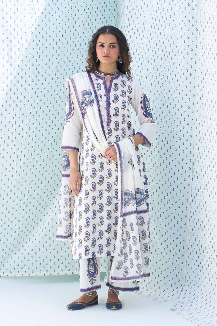 Mehraz kora Hand block painted booti jaal straight kurta with palazzo and dupatta ( set of 3 )