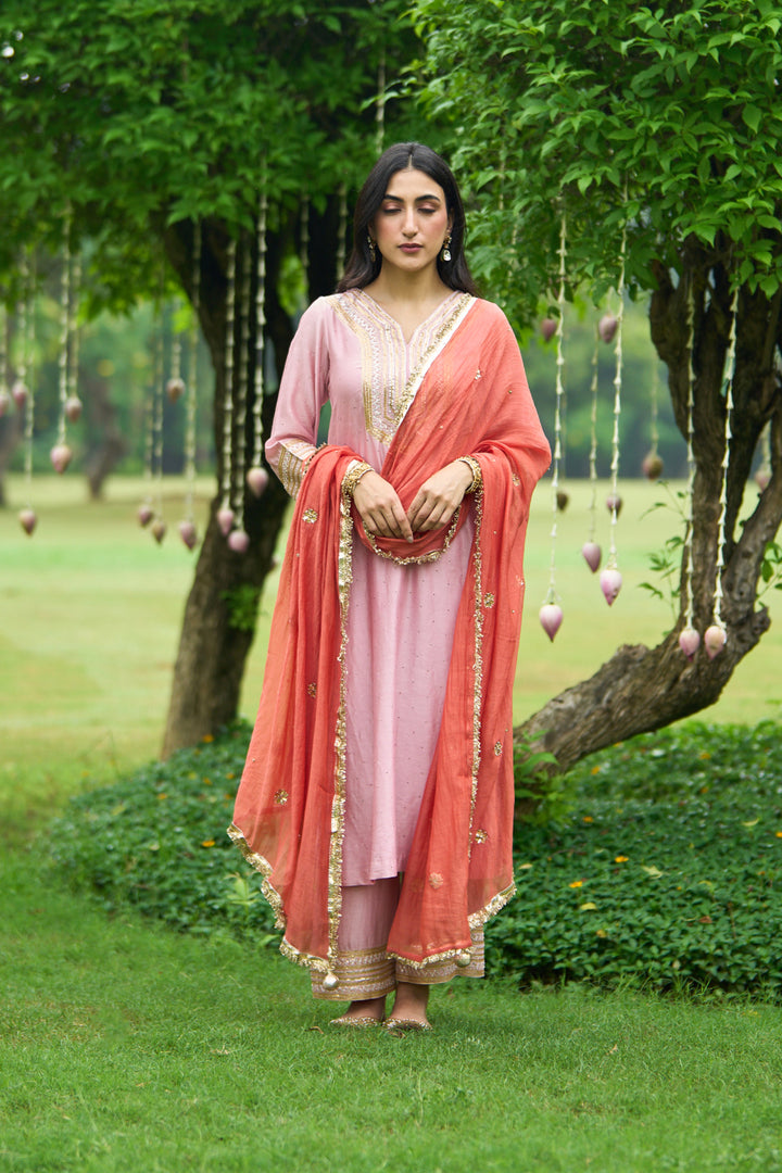Phillauri Vol 3 soft pink staright set with rust dupatta ( set of 3)