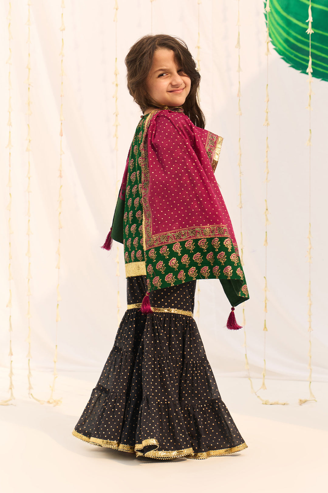 Jameela Block Printed Green Kurta Black Garara Pink Dupatta (set of 3)