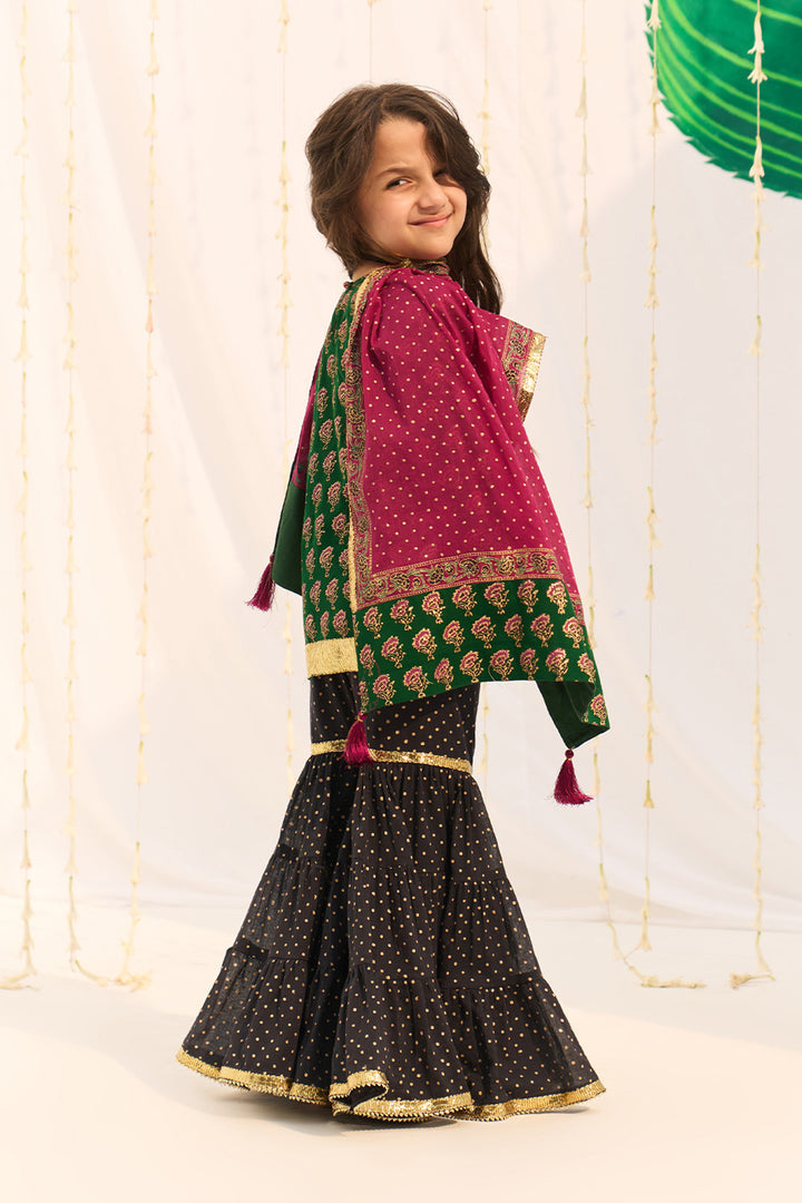 Jameela Block Printed Green Kurta Black Garara Pink Dupatta (set of 3)