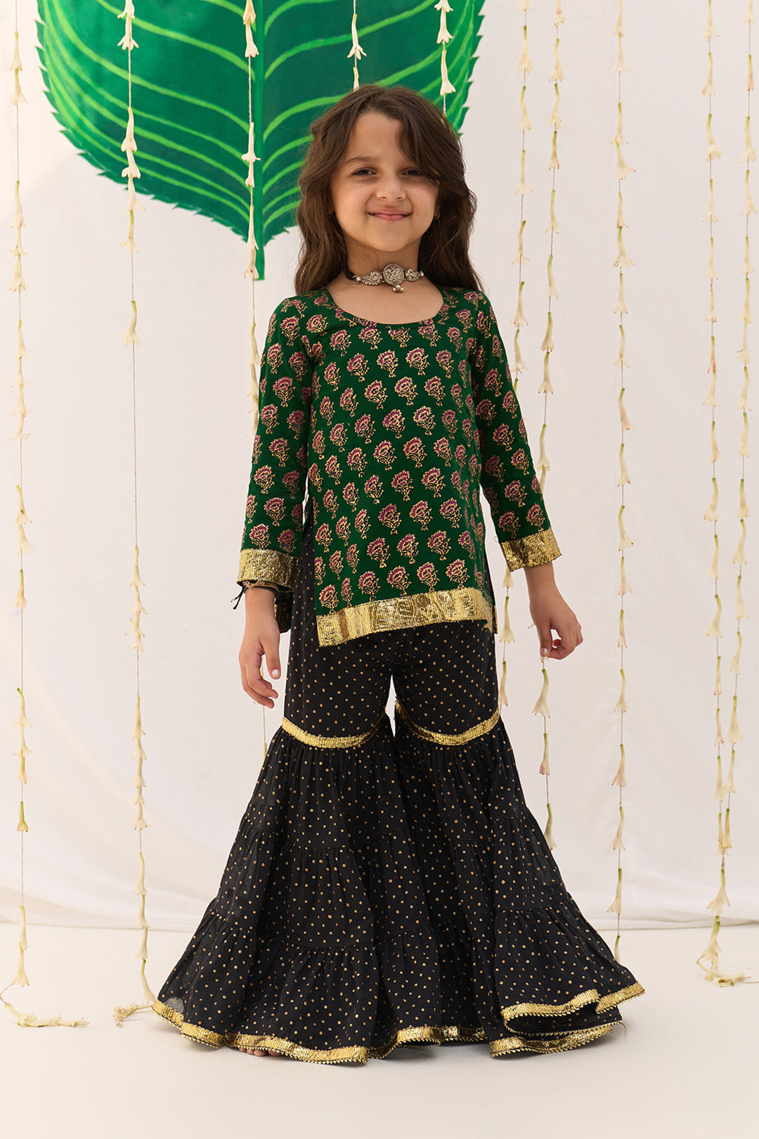 Jameela Block Printed Green Kurta Black Garara Pink Dupatta (set of 3)