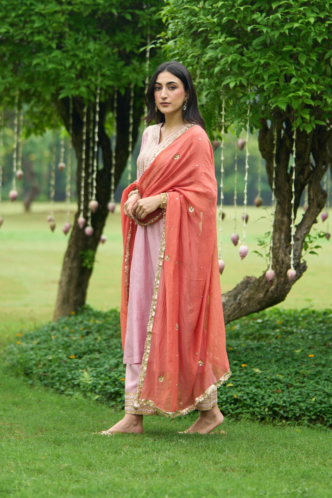 Phillauri Vol 3 soft pink staright set with rust dupatta ( set of 3)