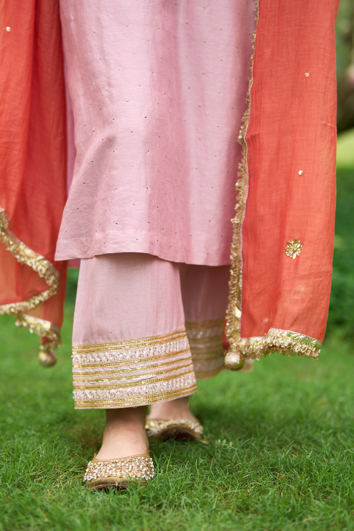 Phillauri Vol 3 soft pink staright set with rust dupatta ( set of 3)
