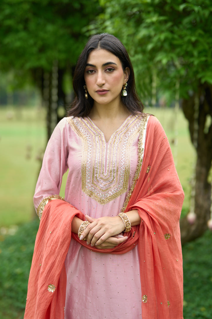 Phillauri Vol 3 soft pink staright set with rust dupatta ( set of 3)