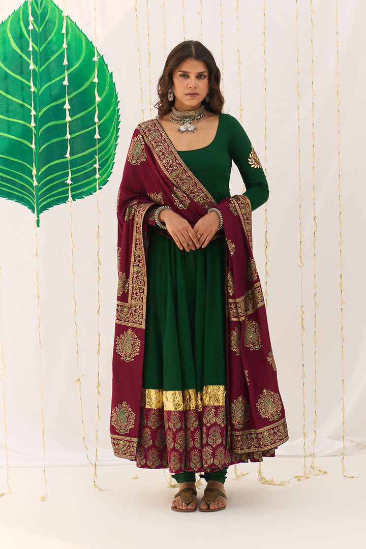 Jameela Block Printed Green Anarkali with Chooridar and Dupatta (set of 3)