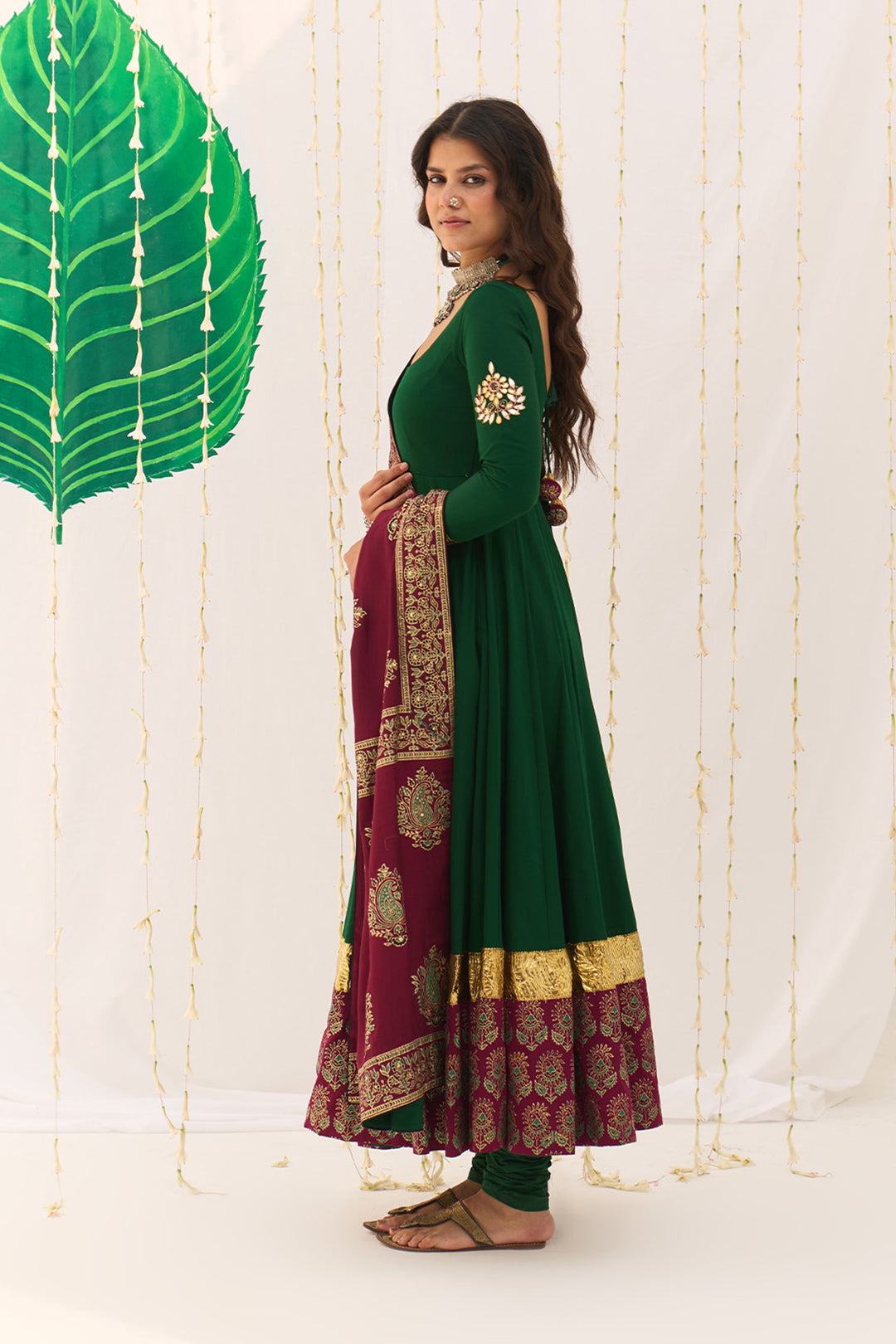 Jameela Block Printed Green Anarkali with Chooridar and Dupatta (set of 3)