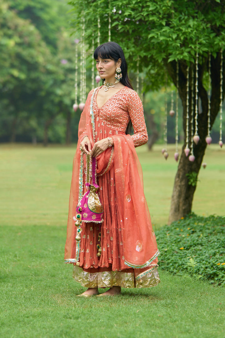Phillauri Vol 3 rust tiered anarkali with sharara and dupatta ( set of 3)