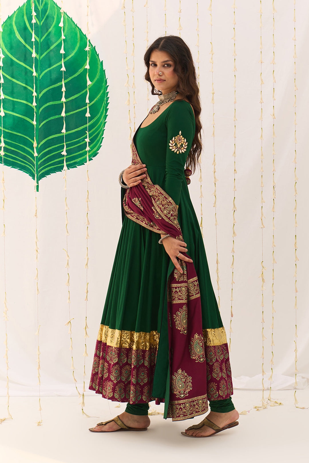 Jameela Block Printed Green Anarkali with Chooridar and Dupatta (set of 3)