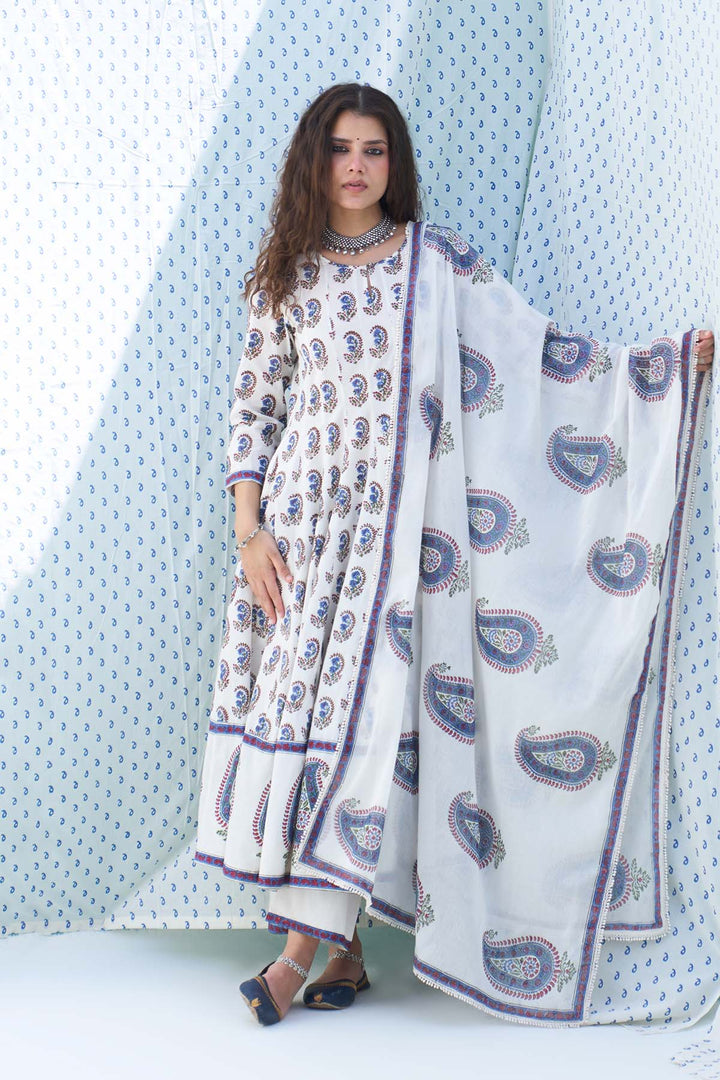 Mehraz kora hand block printed booti jaal anarkali with palazzo and dupatta ( set of 3 )