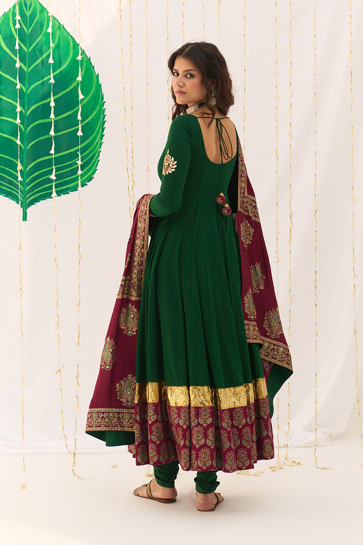 Jameela Block Printed Green Anarkali with Chooridar and Dupatta (set of 3)