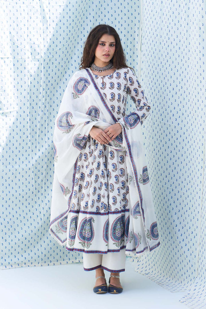 Mehraz kora hand block printed booti jaal anarkali with palazzo and dupatta ( set of 3 )