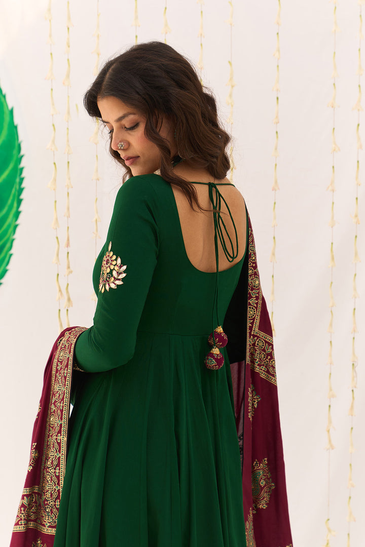 Jameela Block Printed Green Anarkali with Chooridar and Dupatta (set of 3)